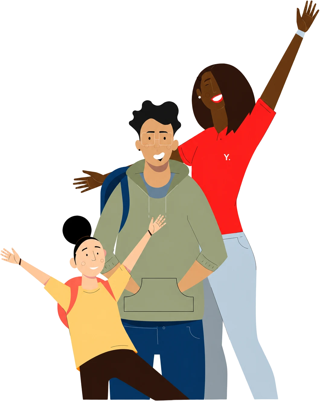 Illustratie: een vrolijke Yepper in een rood Yeppe-shirt zwaait, samen met een basisschoolleerling en een middelbare scholier